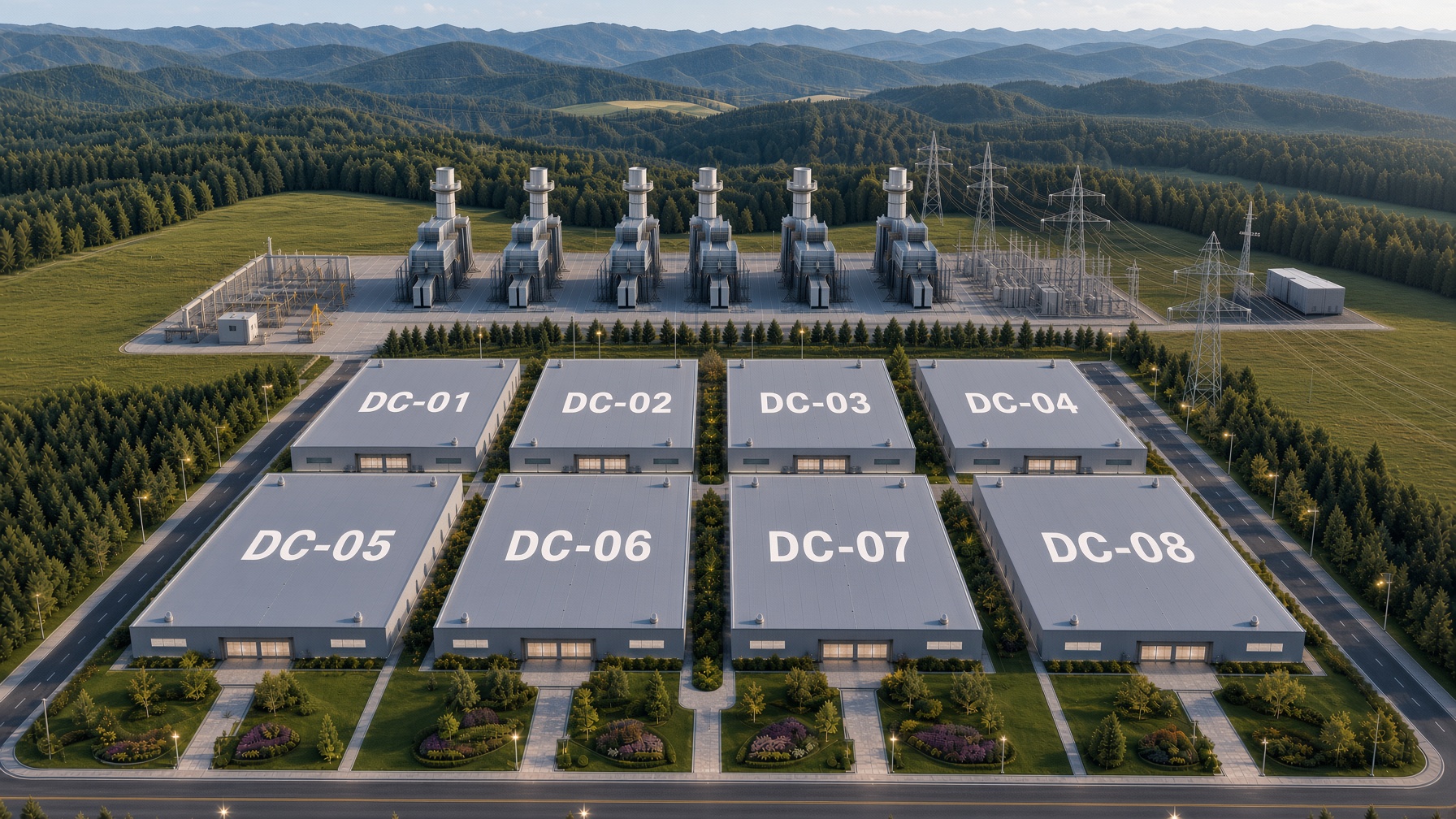 Liberty Power Park campus — eight numbered halls in front, LM2500 plant and switchyard at the rear