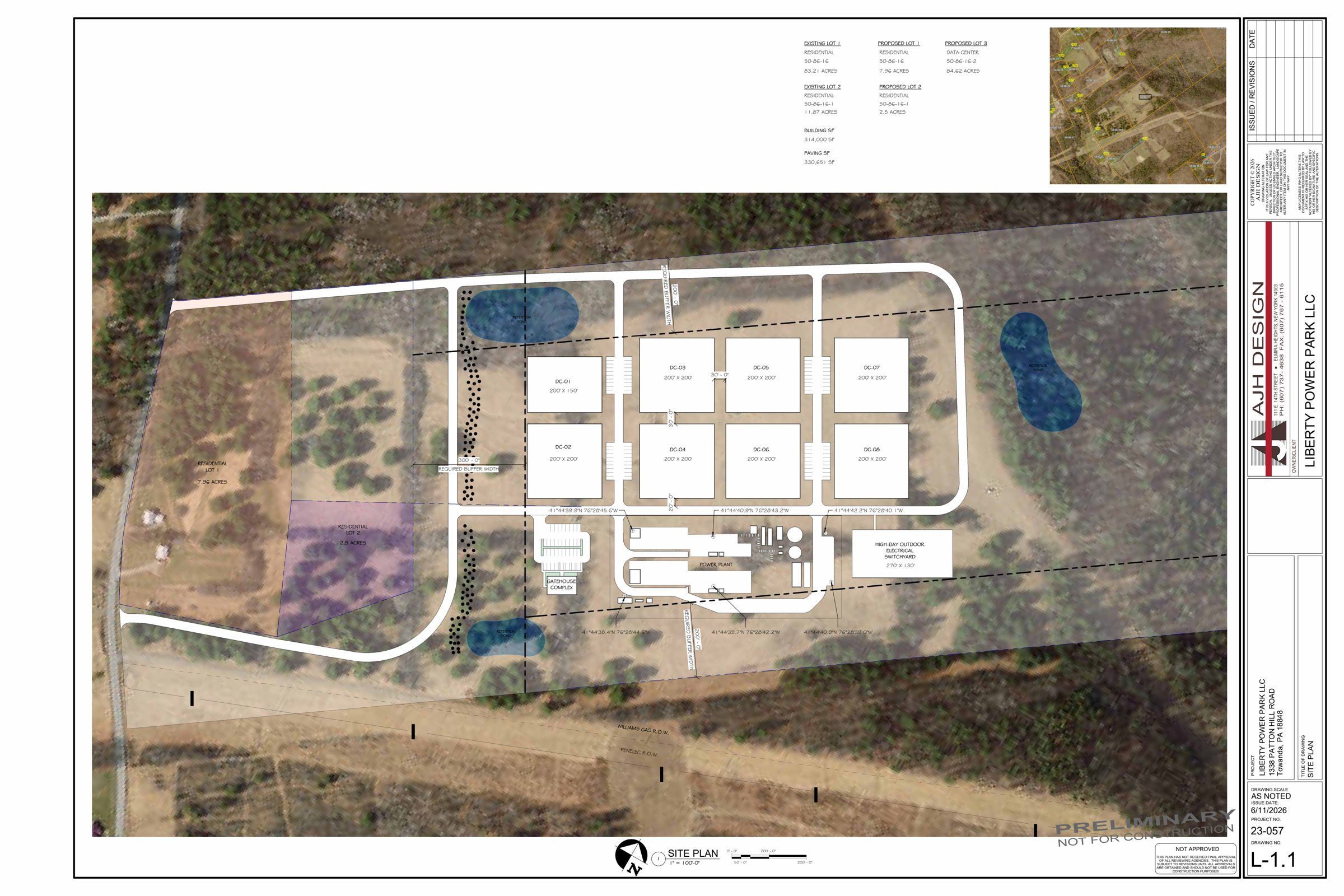 Site plan L-1.1 of Liberty Power Park, with the eight halls, power plant, and switchyard
